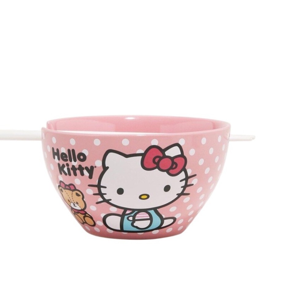 Hello Kitty Pink Polka‎ Dot Ceramic Chopstick Bowl Set 20 oz